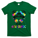 Hello 6th Grade Messy Hair Bun Girl Back To School First Day T-Shirt - Green