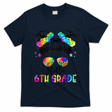 Hello 6th Grade Messy Hair Bun Girl Back To School First Day T-Shirt - Navy