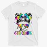 Hello 6th Grade Messy Hair Bun Girl Back To School First Day T-Shirt - White