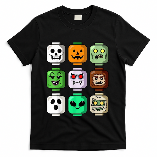 Halloween Building Brick Head Pumpkin Ghost Zombie T-Shirt - Black