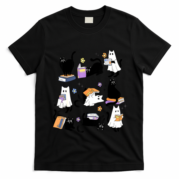 Halloween Bookish Cute Ghost Black Cat Reading Books Spooky Gift T-Shirt - Black