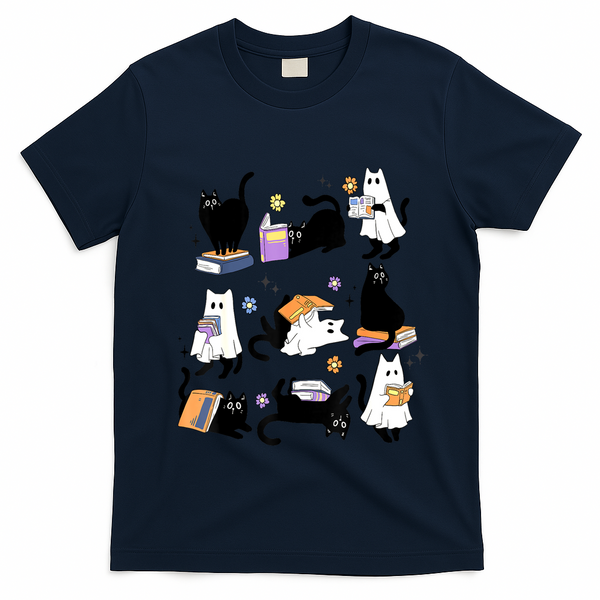 Halloween Bookish Cute Ghost Black Cat Reading Books Spooky Gift T-Shirt - Navy Blue