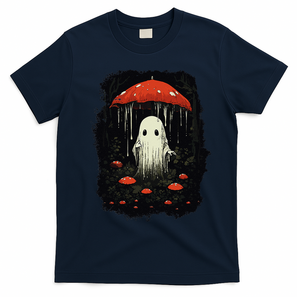 Halloween Cottagecore Ghost Mushroom Spooky T-Shirt - Navy Blue