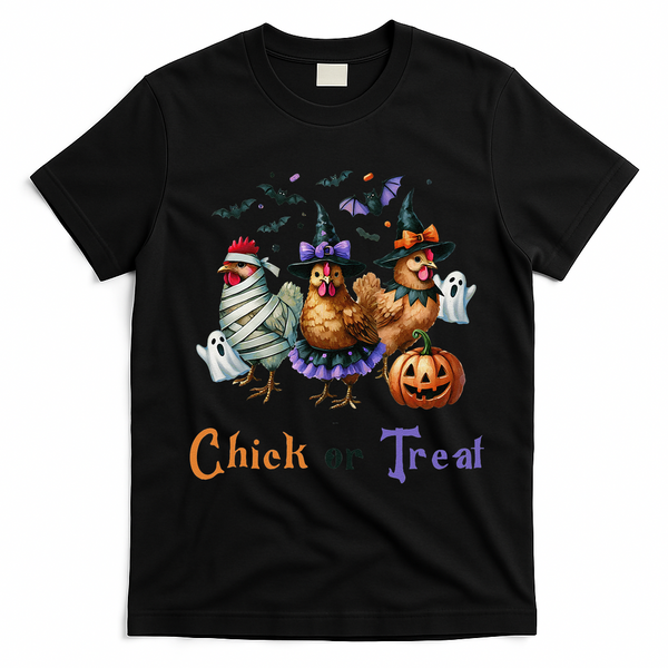 Halloween Chick Or Treat Pumpkins Chickens Farmer Funny T-Shirt - Black