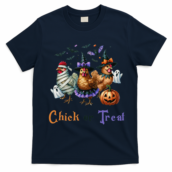 Halloween Chick Or Treat Pumpkins Chickens Farmer Funny T-Shirt - Navy Blue
