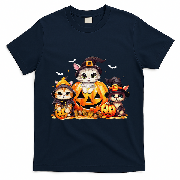 Halloween Cat Pumpkin Spooky Season Gift T-Shirt - Navy Blue