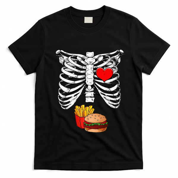 Halloween Dad Skeleton Pregnancy Hamburger Fries Xray Funny T-Shirt - Black