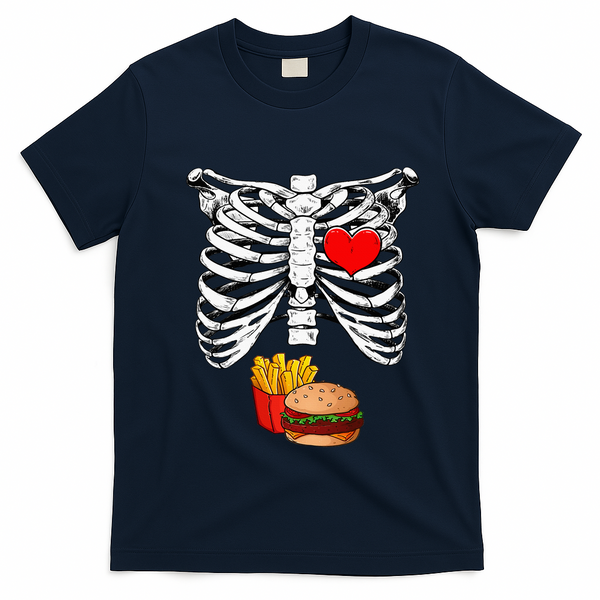 Halloween Dad Skeleton Pregnancy Hamburger Fries Xray Funny T-Shirt - Navy Blue