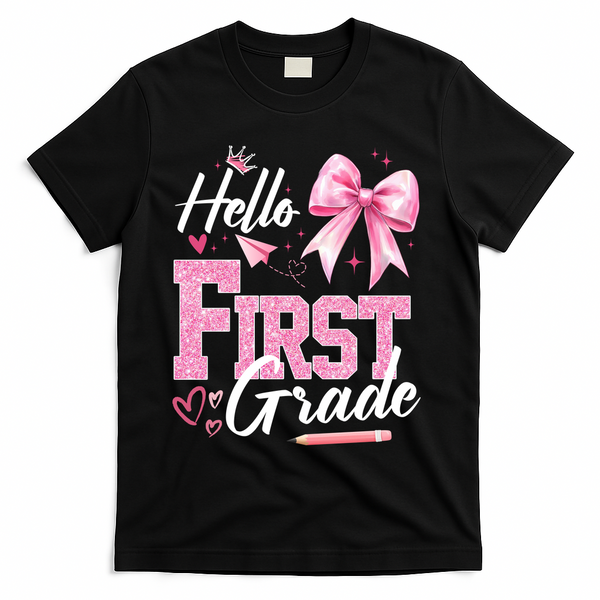 Hello First 1st Grade First Day Of School Coquette Teacher T-Shirt - Black