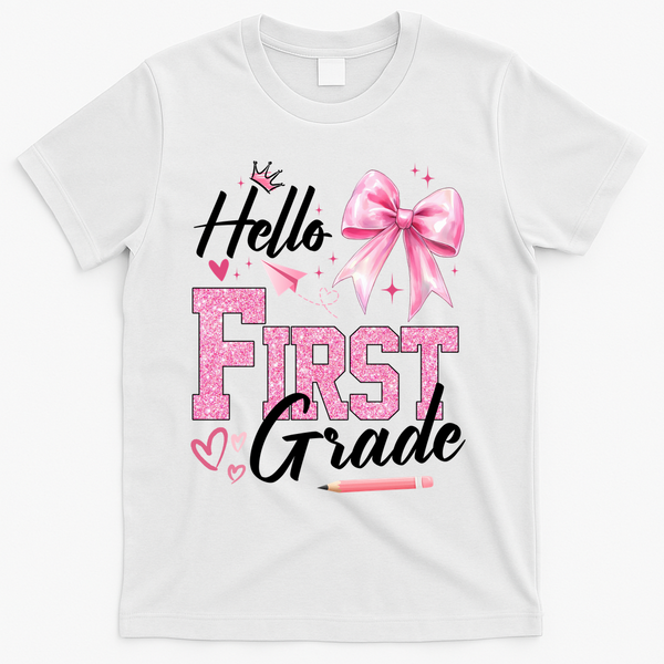 Hello First 1st Grade First Day Of School Coquette Teacher T-Shirt - White
