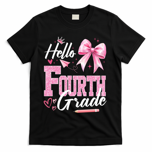 Hello Fourth 4th Grade First Day Of School Coquette Teacher T-Shirt - Black