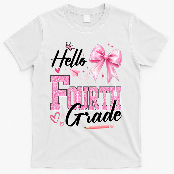 Hello Fourth 4th Grade First Day Of School Coquette Teacher T-Shirt - White