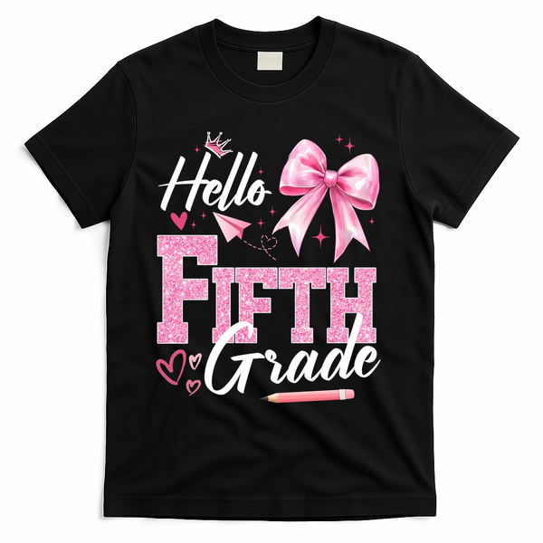 Hello Fifth 5th Grade First Day Of School Coquette Teacher T-Shirt - Black