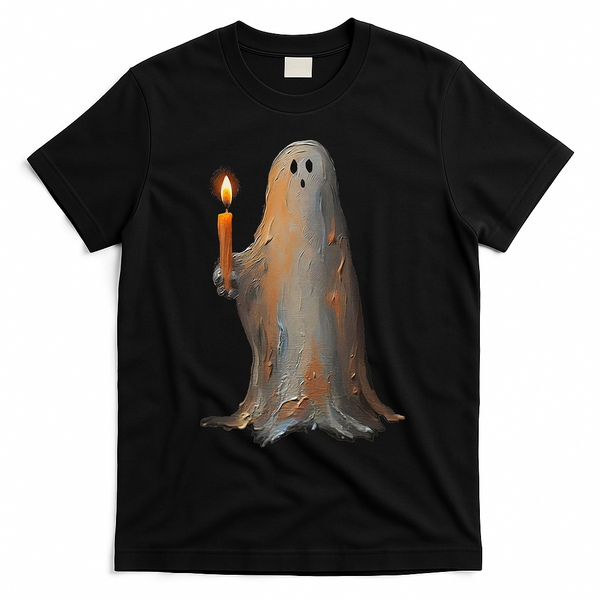 Halloween Ghost Holding Candle Spooky T-Shirt - Black