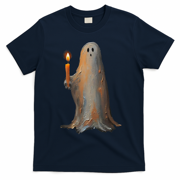 Halloween Ghost Holding Candle Spooky T-Shirt - Navy Blue