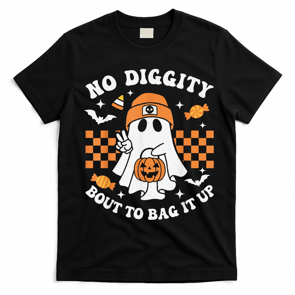 Halloween Ghost No Diggity Bout To Bag It Up T-Shirt - Black