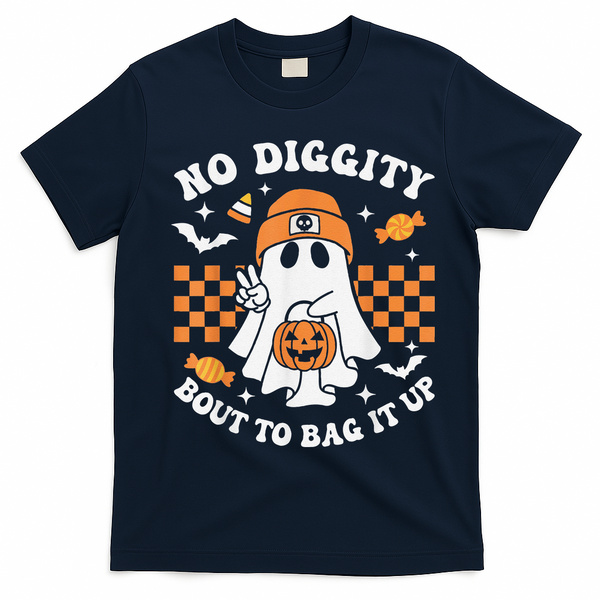 Halloween Ghost No Diggity Bout To Bag It Up T-Shirt - Navy Blue