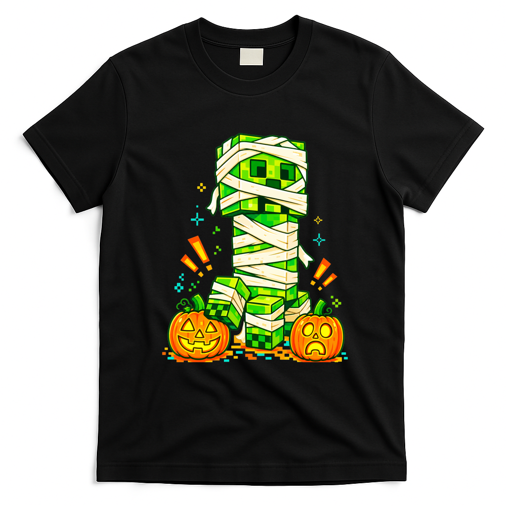 Halloween Gamer Pixel Monster Mummy Costume T-Shirt - Black