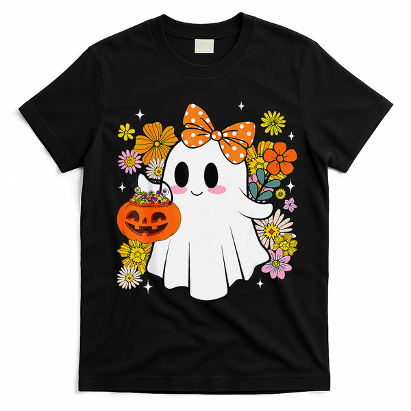 Halloween Groovy Trick Or Treat Cute Ghost Floral Women Girl T-Shirt - Black