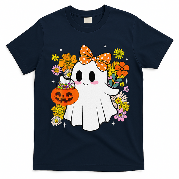 Halloween Groovy Trick Or Treat Cute Ghost Floral Women Girl T-Shirt - Navy Blue