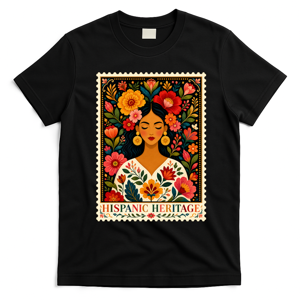 Hispanic Heritage Month Flowers Stamp Latin American T-Shirt - Black