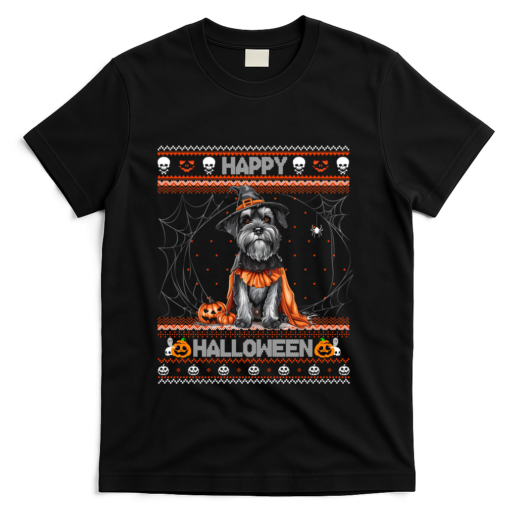 Happy Halloween Ugly Miniature Schnauzer Howloween Pumpkin T-Shirt - Black