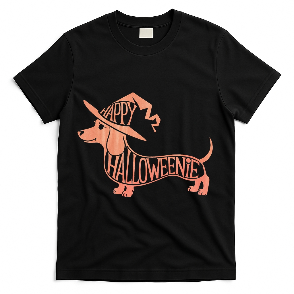 Happy Halloweenie Weiner Dog Cute Dachshund Witch Hat T-Shirt - Black