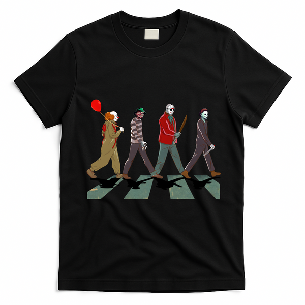 Horror Movie Characters Walking Road Friends Halloween Pennywise T-Shirt - Black