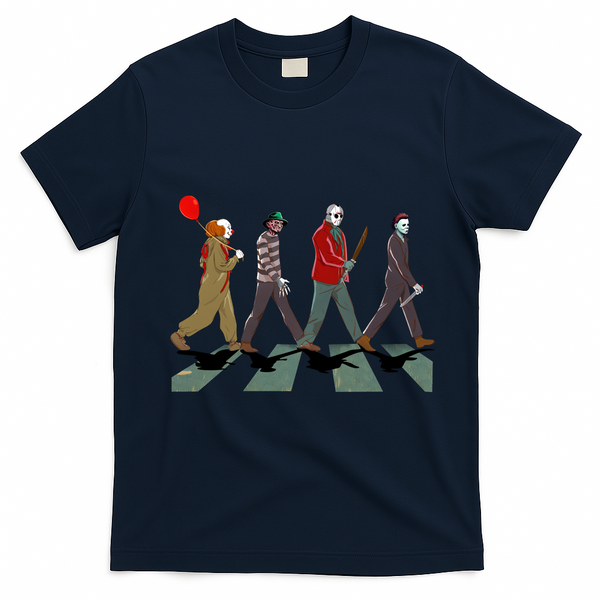 Horror Movie Characters Walking Road Friends Halloween Pennywise T-Shirt - Navy Blue