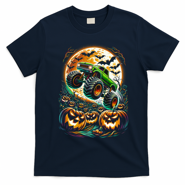 Halloween Monster Truck Jack O Lantern Trick Treat T-Shirt - Navy Blue