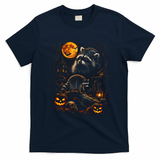 Halloween Raccoon And Pumpkins Moonlight Scene T-Shirt - Navy Blue