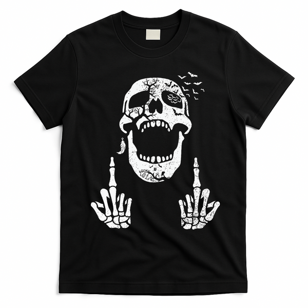 Halloween Skeleton Bones Middle Finger Skull T-Shirt - Black