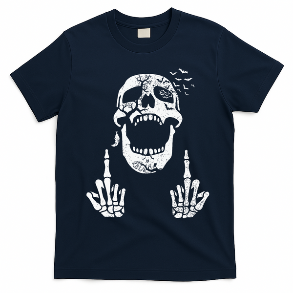 Halloween Skeleton Bones Middle Finger Skull T-Shirt - Navy Blue