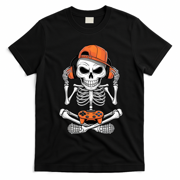 Halloween Skeleton Gamer Video Gaming T-Shirt - Black