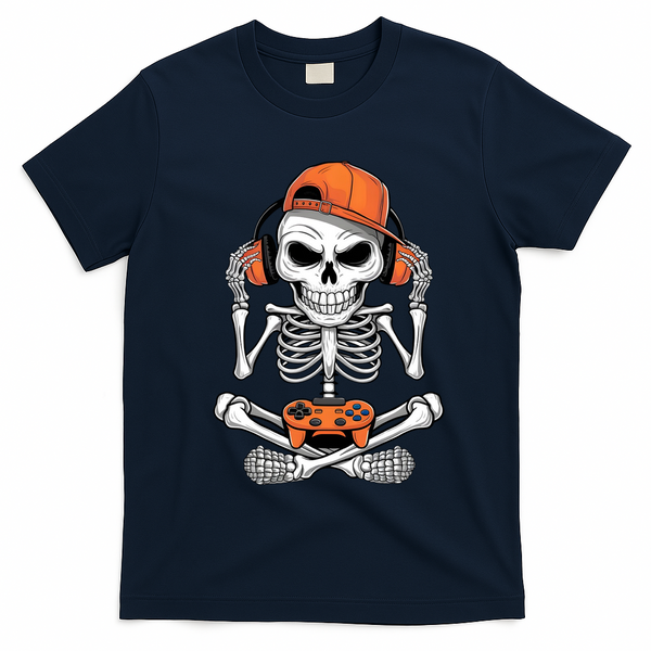 Halloween Skeleton Gamer Video Gaming T-Shirt - Navy Blue