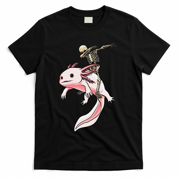 Halloween Skeleton Riding Axolotl Cute T-Shirt - Black