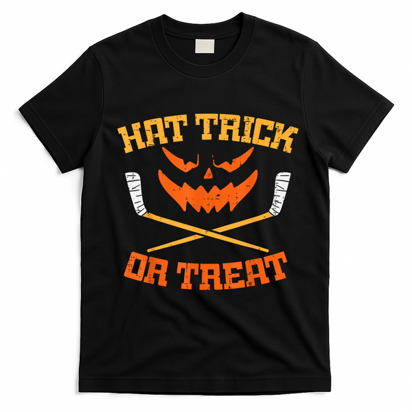 Hat Trick Or Treat Ice Hockey Halloween Boy Player Coach T-Shirt - Black