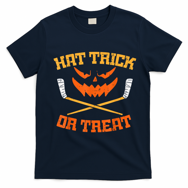 Hat Trick Or Treat Ice Hockey Halloween Boy Player Coach T-Shirt - Navy Blue