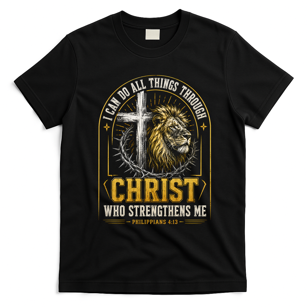 I Can Do All Things Through Christ Lion Cross T-Shirt - Black