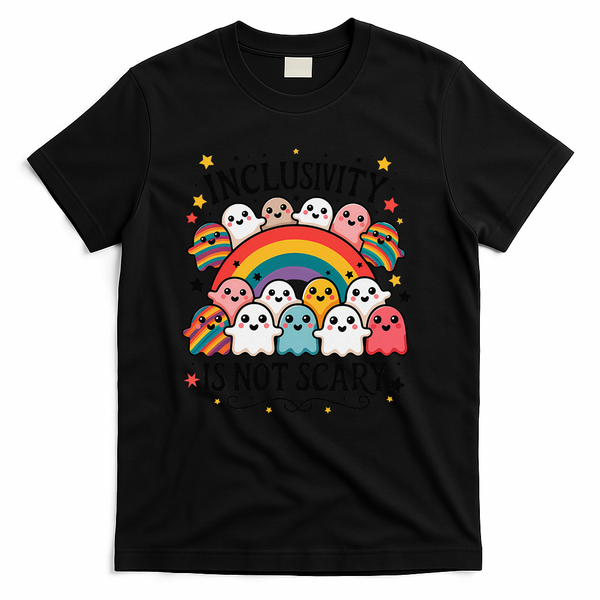 Inclusivity Is Not Scary  Cute Ghost Welcome Here Funny T-Shirt - Black