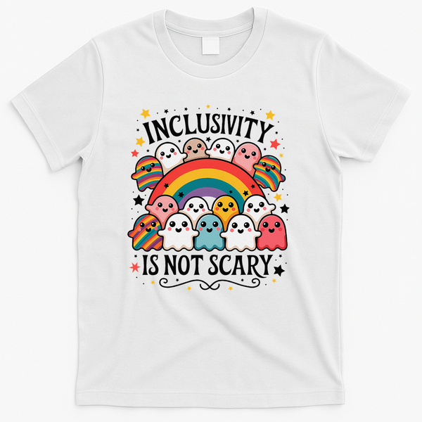 Inclusivity Is Not Scary  Cute Ghost Welcome Here Funny T-Shirt - White