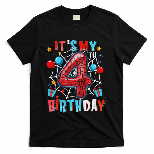 It's My 4th Birthday Spider Web Theme Party 4 Years Old T-Shirt - Black