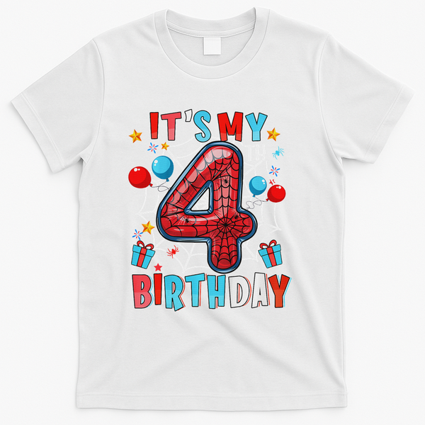 It's My 4th Birthday Spider Web Theme Party 4 Years Old T-Shirt - White