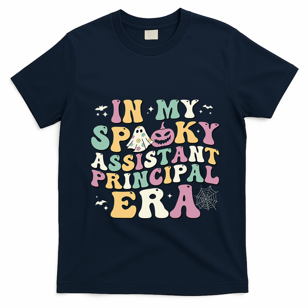 In My Spooky Assistant Principal Era Retro Ghost Halloween T-Shirt - Navy Blue