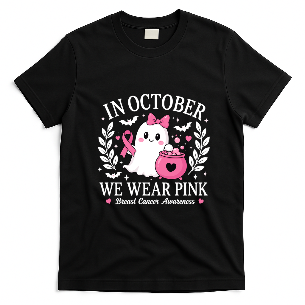 In October We Wear Pink Halloween Ghost Breast Cancer T-Shirt - Black