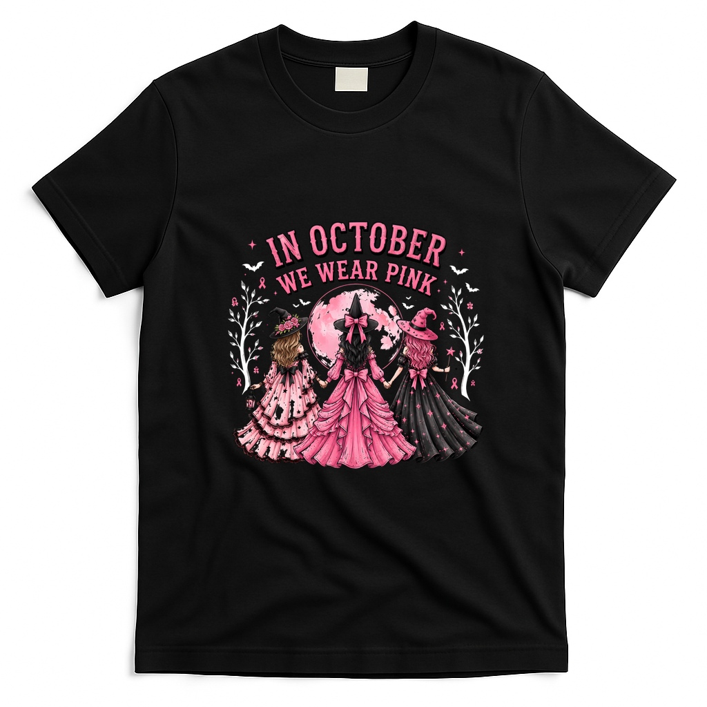 In October We Wear Pink Halloween Witches T-Shirt - Black