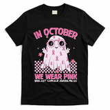 In October We Wear Pink Breast Cancer Awareness Halloween Pink Ghost T-Shirt - Black
