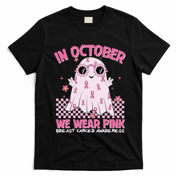 In October We Wear Pink Breast Cancer Awareness Halloween Pink Ghost T-Shirt - Black