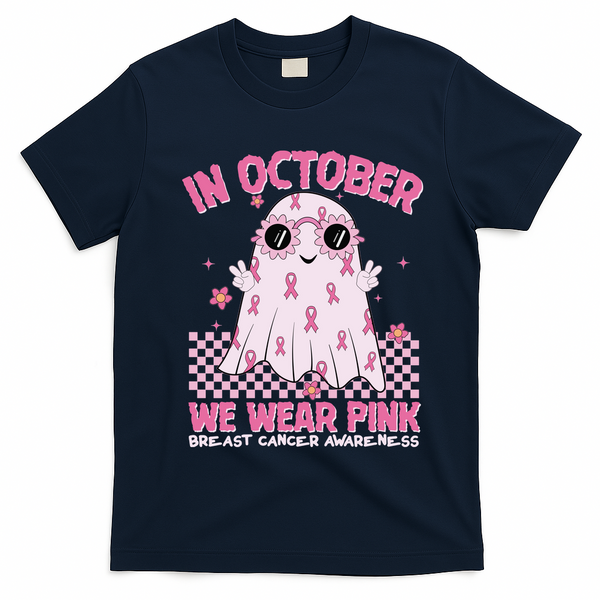 In October We Wear Pink Breast Cancer Awareness Halloween Pink Ghost T-Shirt - Navy Blue