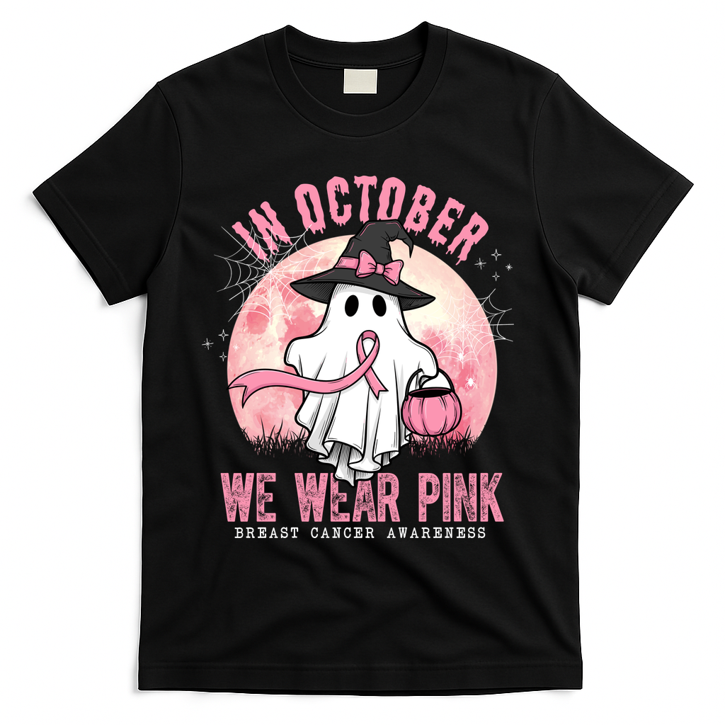In October We Wear Pink Breast Cancer Halloween Ghost T-Shirt - Black